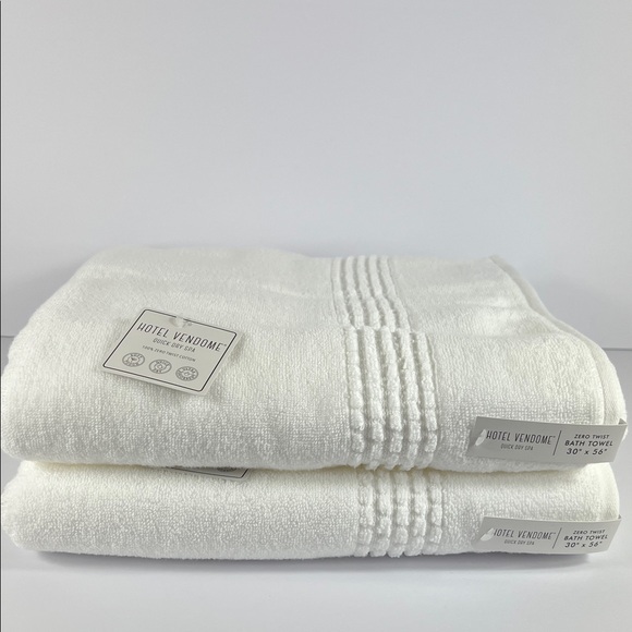 Hotel Vendome Bath Towel Set White Zero Twist Cotton Quick Dry Spa 2 pc Set NEW - Picture 1 of 8